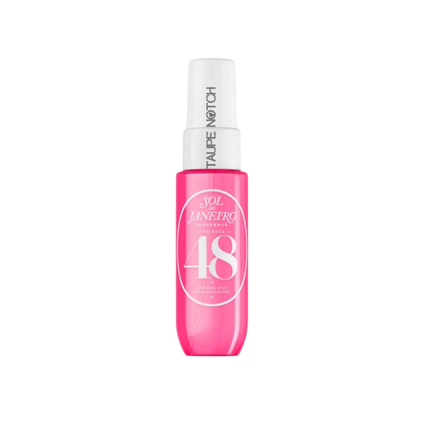 Sol de Janeiro 48 perfume mist bottle, translucent bright pink with white spray cap.