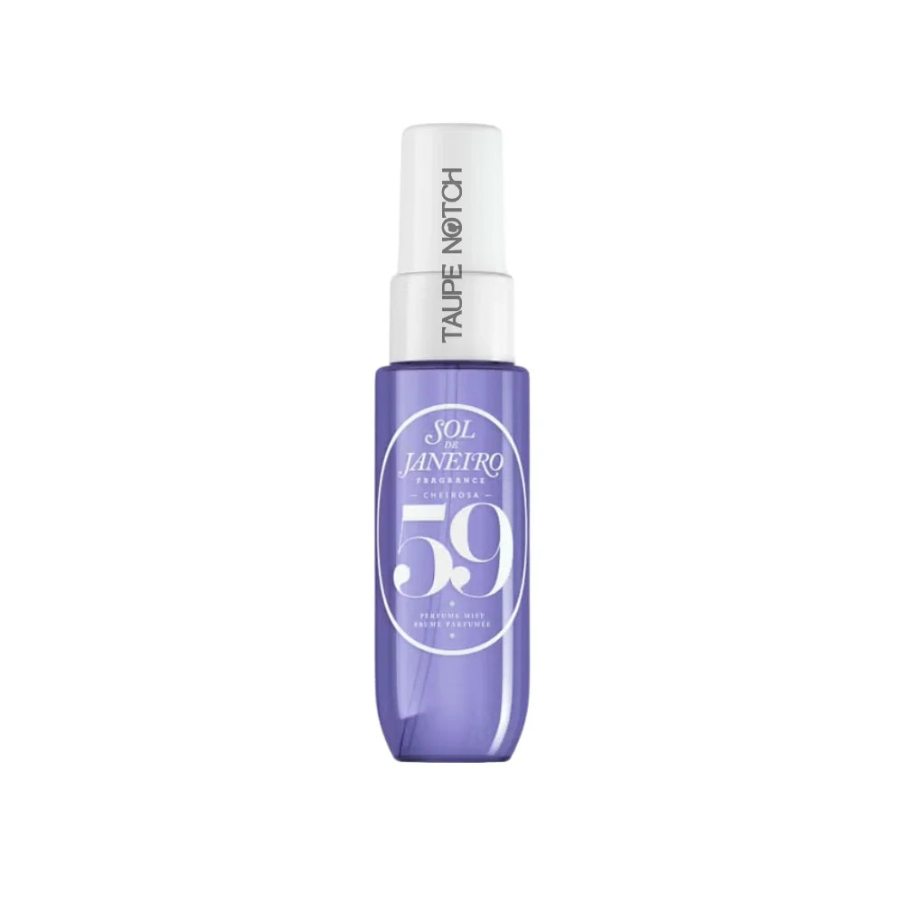 Sol de Janeiro 59 perfume mist bottle, translucent purple with white spray cap.
