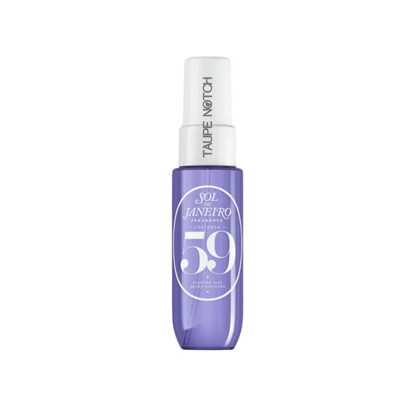 Sol de Janeiro 59 perfume mist bottle, translucent purple with white spray cap.