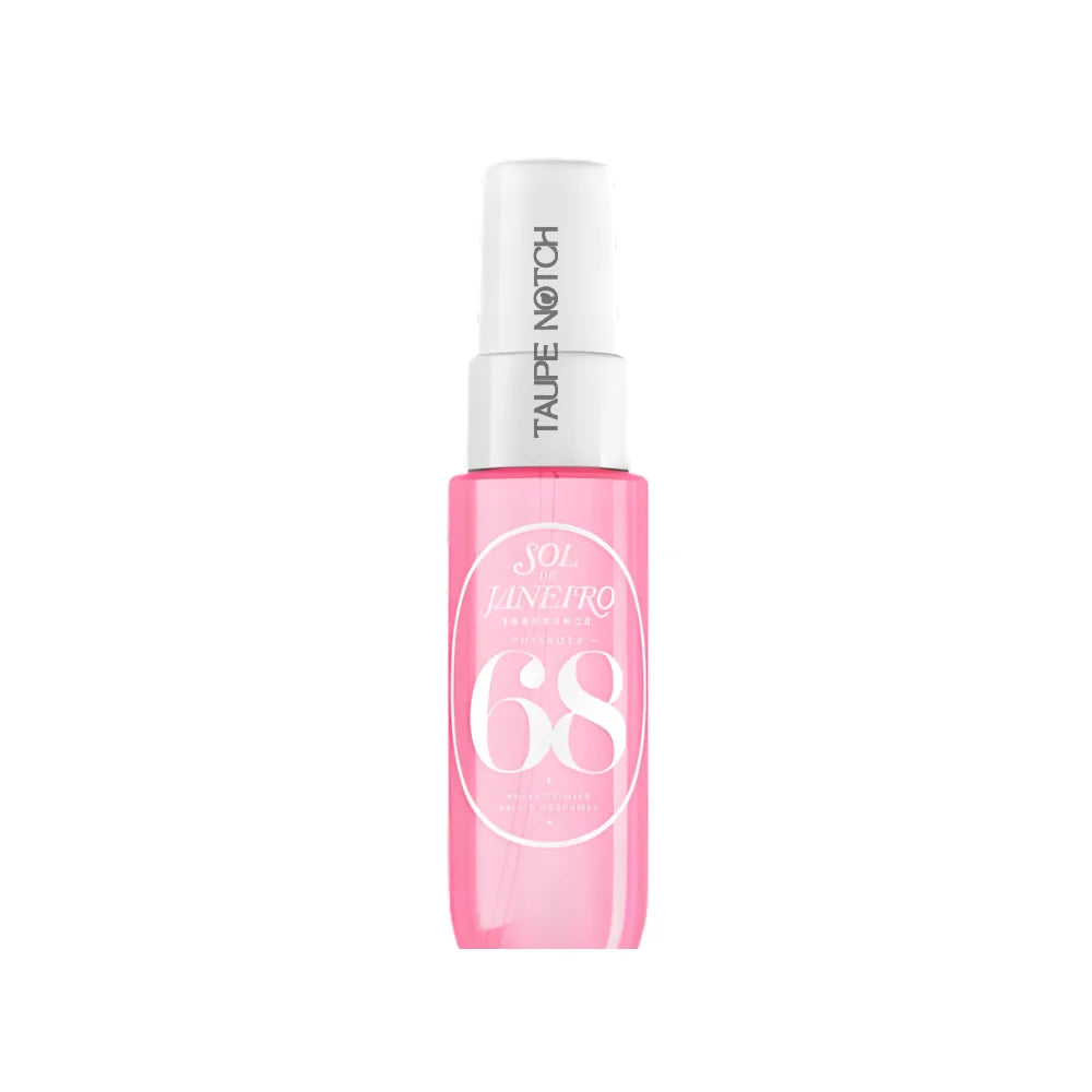 Sol de Janeiro 68 perfume mist bottle, translucent pink with white spray cap.
