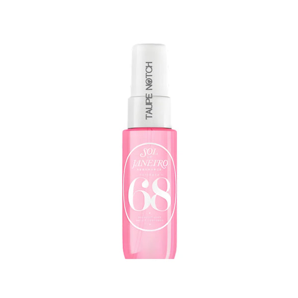 Sol de Janeiro 68 perfume mist bottle, translucent pink with white spray cap.