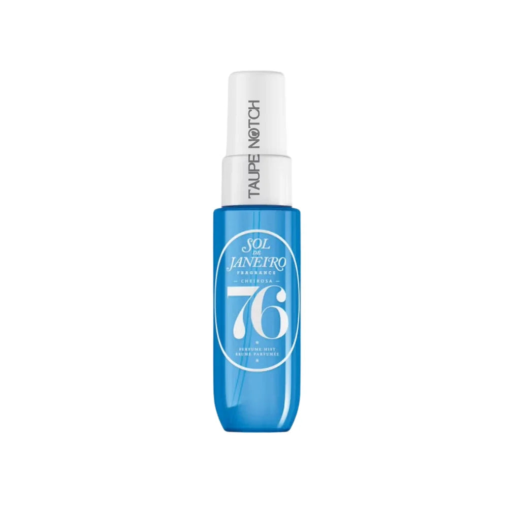 Sol de Janeiro 76 perfume mist bottle, translucent blue with white spray cap.
