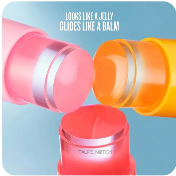 Jelly perfume balm containers with pink and orange tubes and an open red balm cup