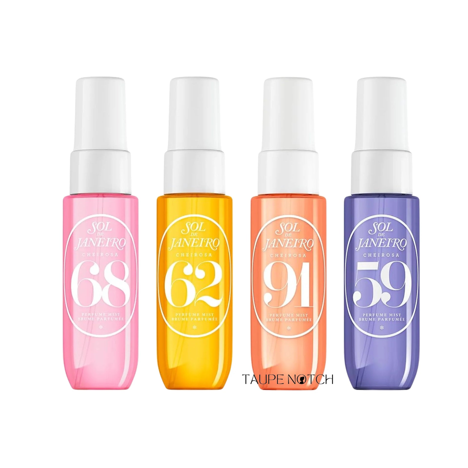 Four Sol de Janeiro perfume mists in pink, orange, coral, and purple bottles