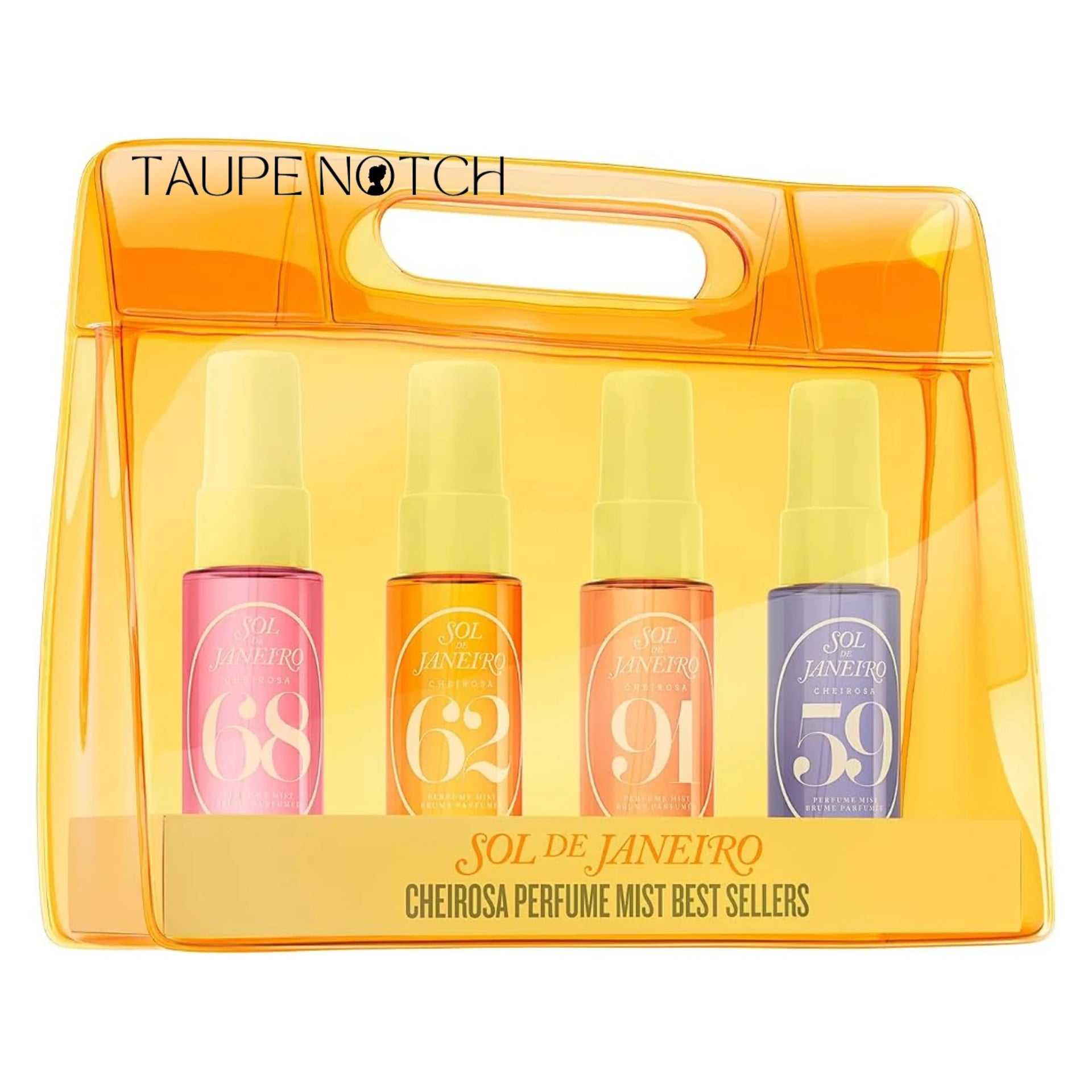Sol de Janeiro Cheirosa perfume mist best-sellers set in amber-yellow handle pouch