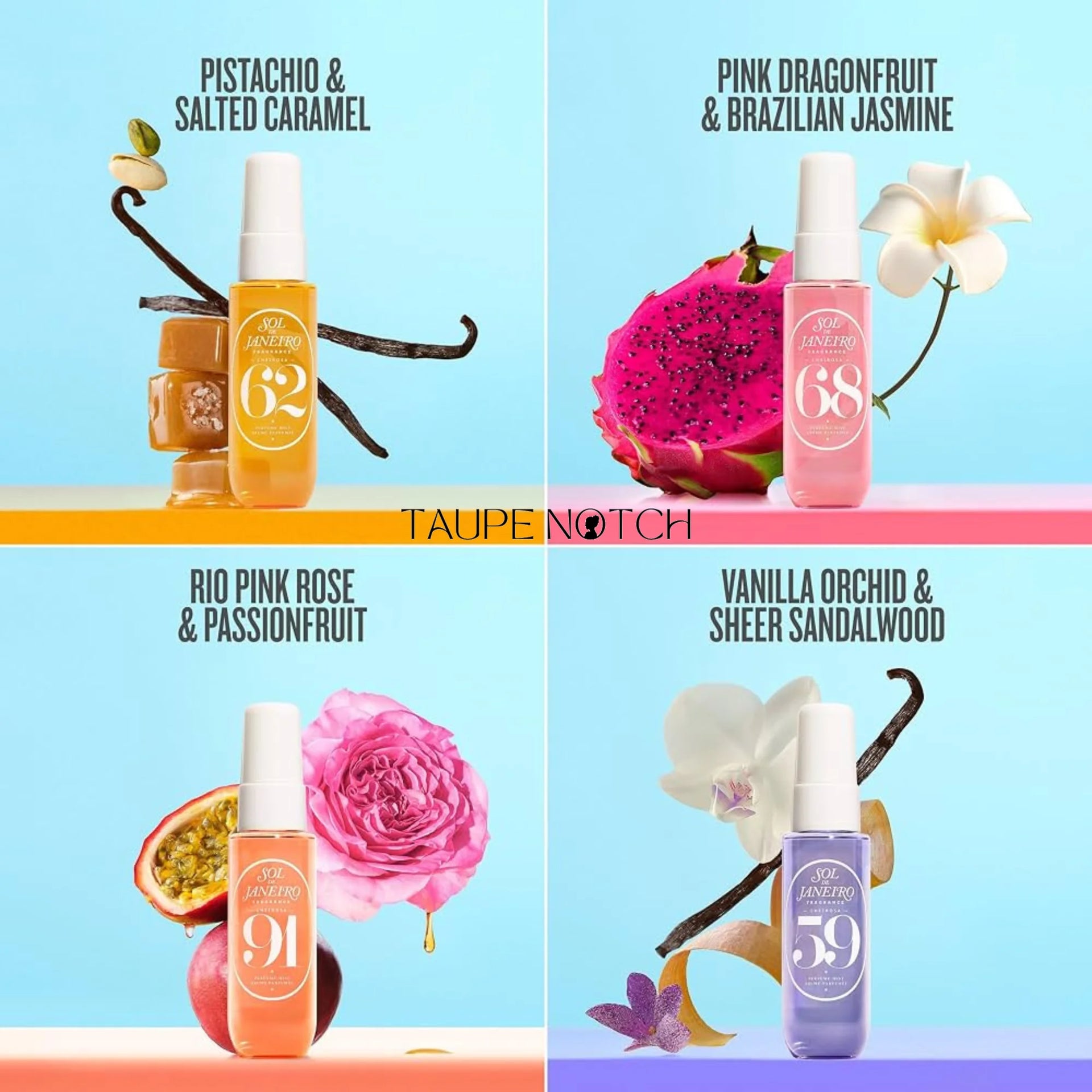 Four Sol de Janeiro perfume mists: 62, 68, 91, and 59 bottles