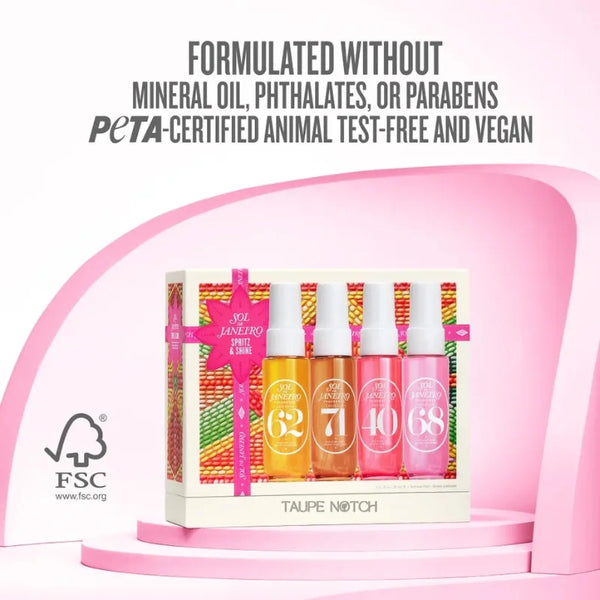 Sol de Janeiro Spritz & Shine gift set gift box with four body mist bottles in amber and pink
