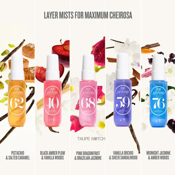 Six Sol de Janeiro mini mist bottles with white caps in amber, pink, purple, and blue shades