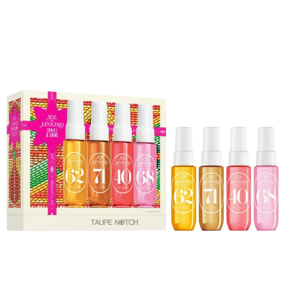 Sol de Janeiro Spritz & Shine gift set showing four body mist bottles in gold, amber, red, pink