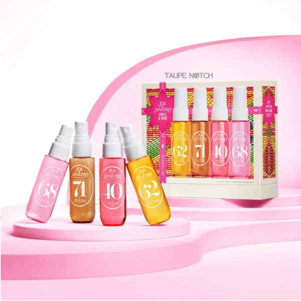 Sol de Janeiro Spritz & Shine gift set with multiple body mist bottles and gift box, four colors