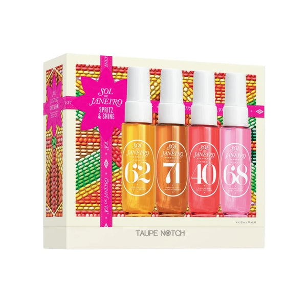 Sol de Janeiro Spritz & Shine gift set with four body mist bottles, gold, orange, red, pink
