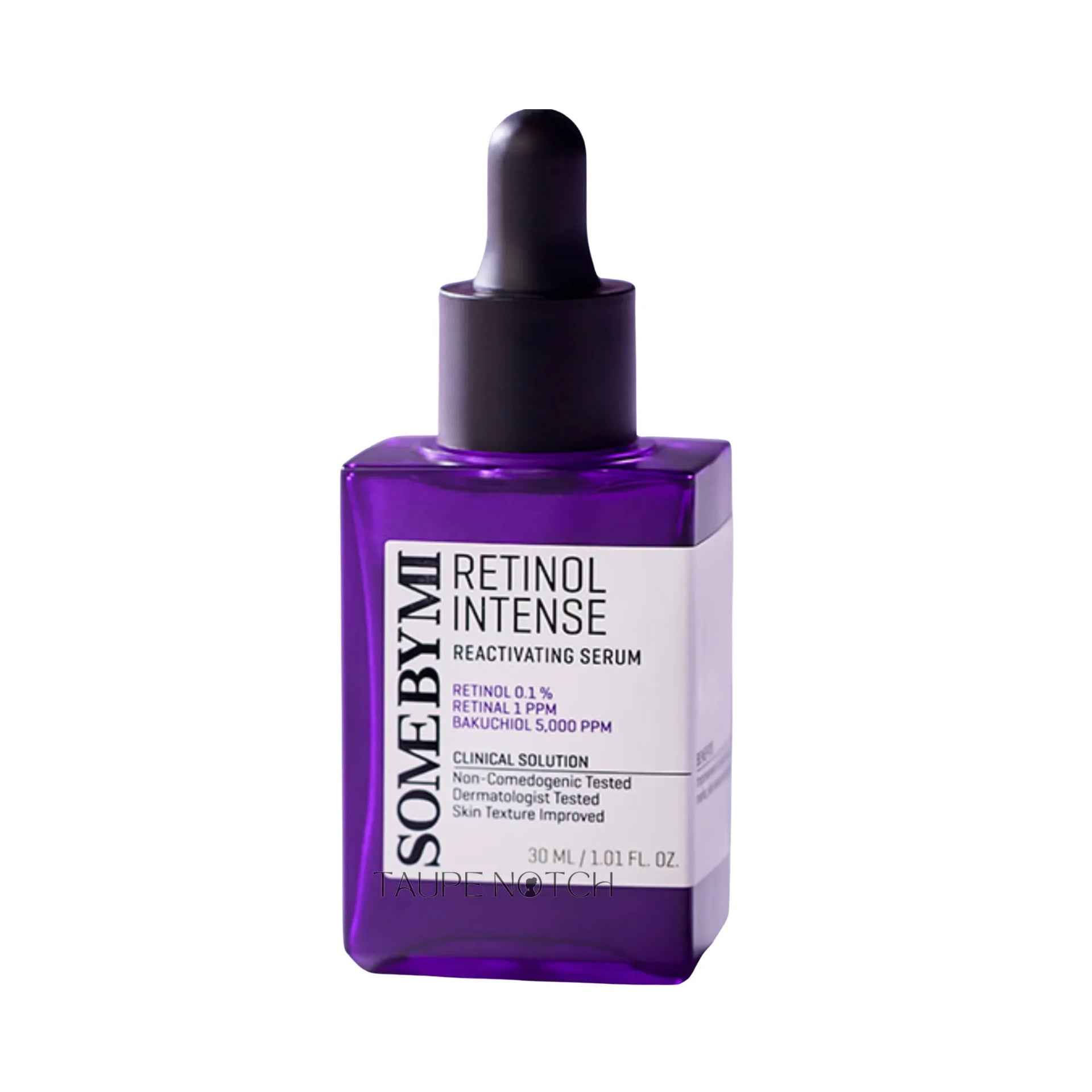 Some by Me retinol intense reactivating serum bottle with black dropper, purple glass