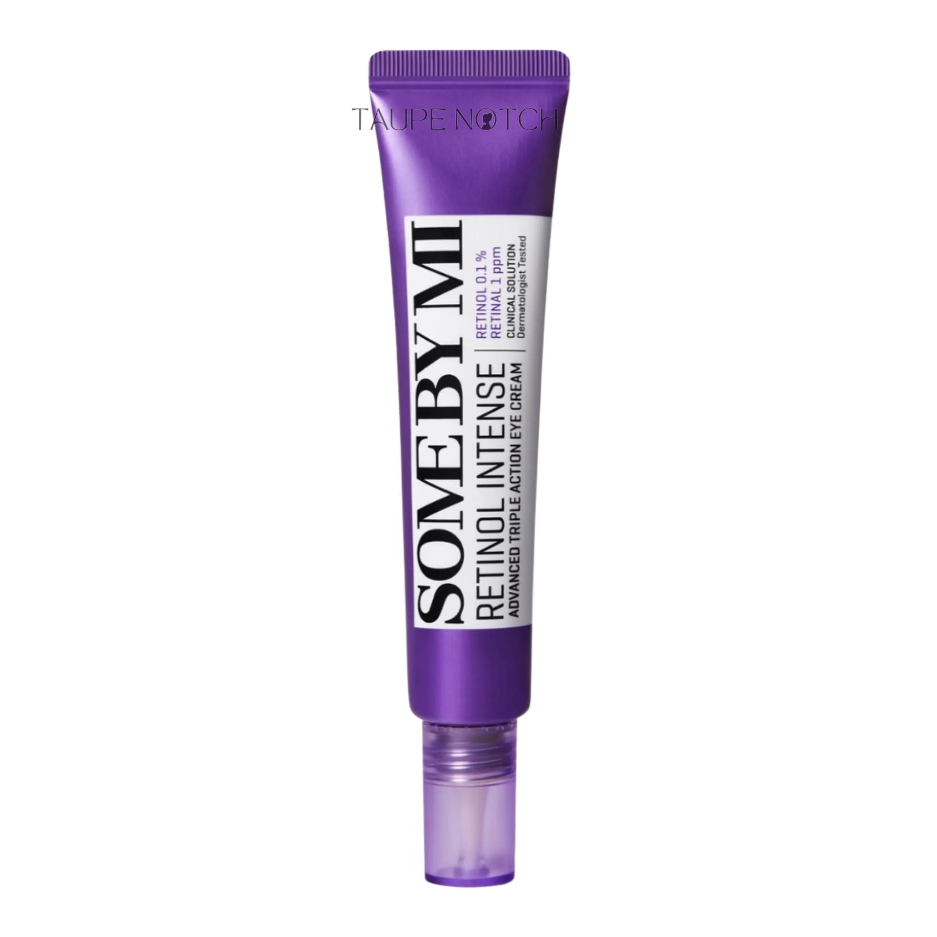 Some by Mi retinol eye cream tube, purple with clear cap, 30 ml