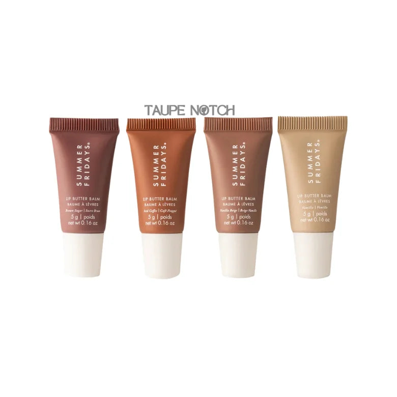 Four mini lip butter balm tubes in nude, taupe, and brown tones; front view