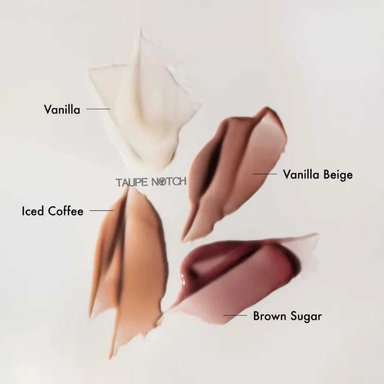 Labeled lip balm swatches: Vanilla, Taupe Notch, Vanilla Beige, Iced Coffee, Brown Sugar