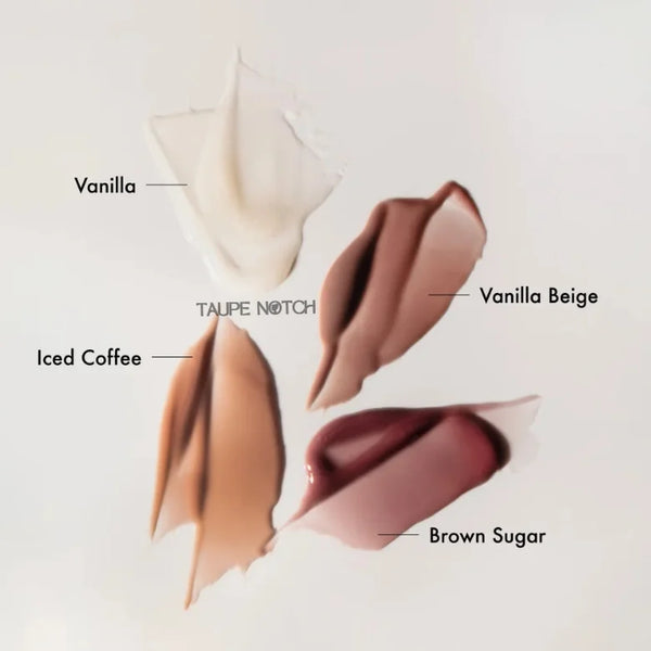 Labeled lip balm swatches: Vanilla, Taupe Notch, Vanilla Beige, Iced Coffee, Brown Sugar