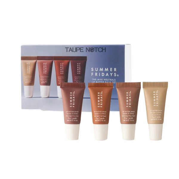 Mini lip butter balm set with four tubes in nude shades and Taupe Notch text