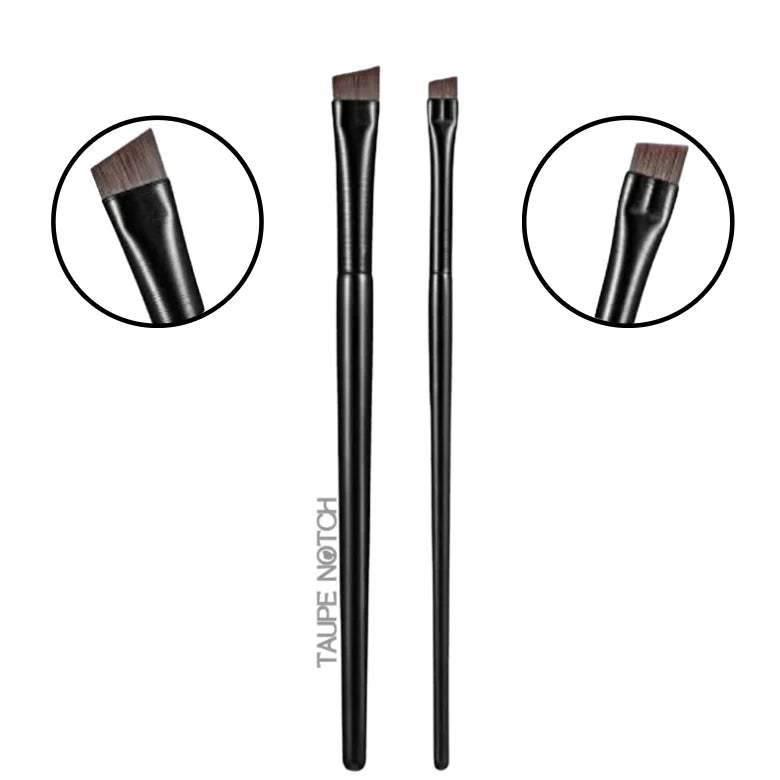Pair of eyebrow and eyeliner brushes with dark handles and angled bristle tips