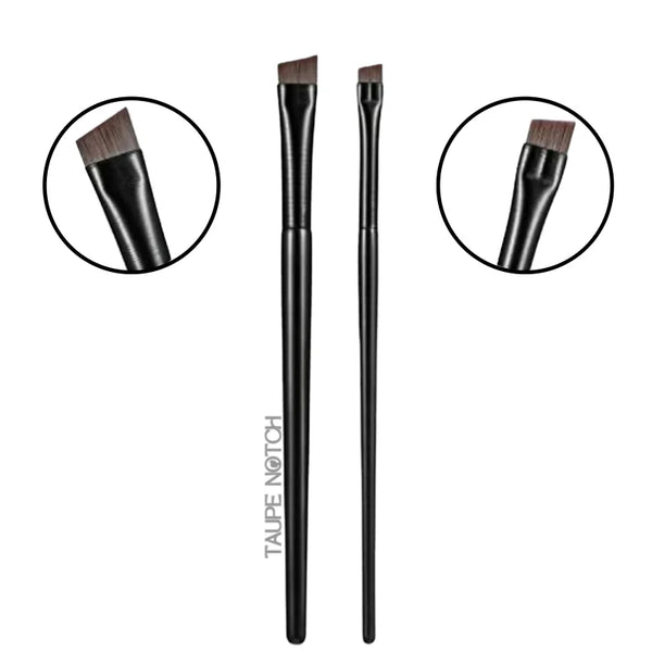 Pair of eyebrow and eyeliner brushes with dark handles and angled bristle tips