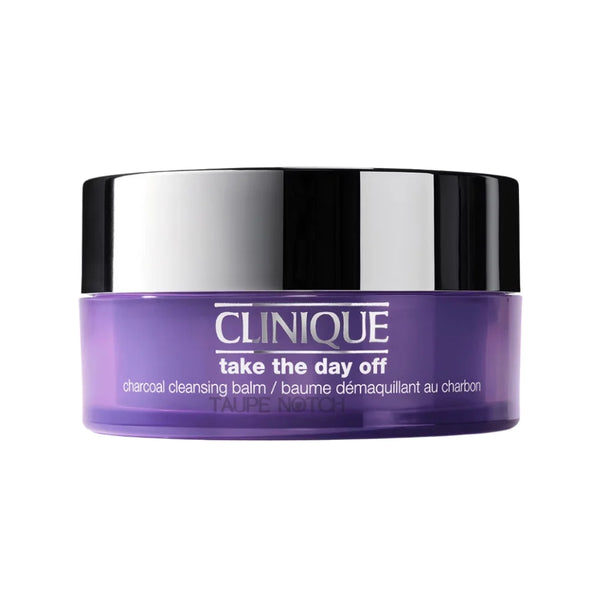 Clinique charcoal cleansing balm in purple round jar with black lid, 125 ml