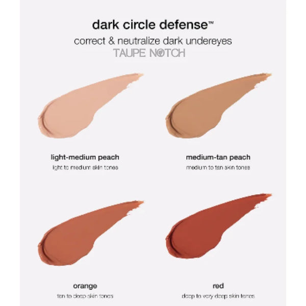 Undereye corrector swatches in light peach, medium-tan peach, orange and red