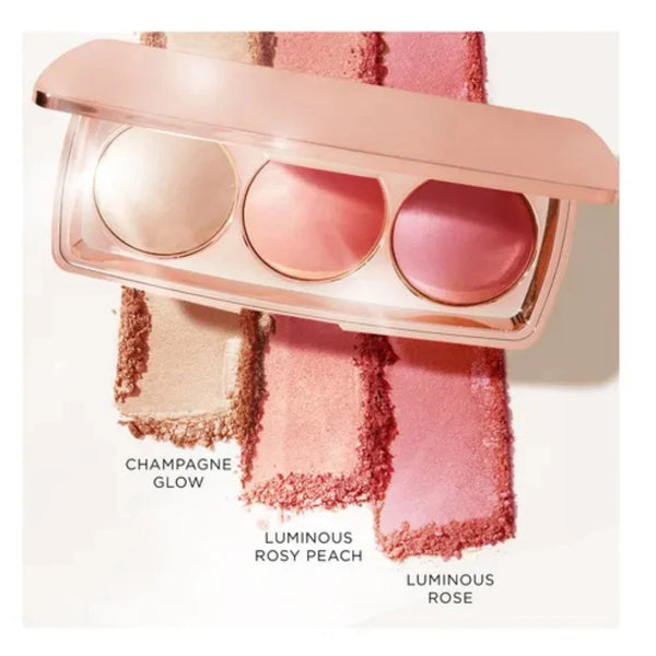 Blush palette with three pans labeled Champagne Glow, Luminous Rosy Peach, Luminous Rose.