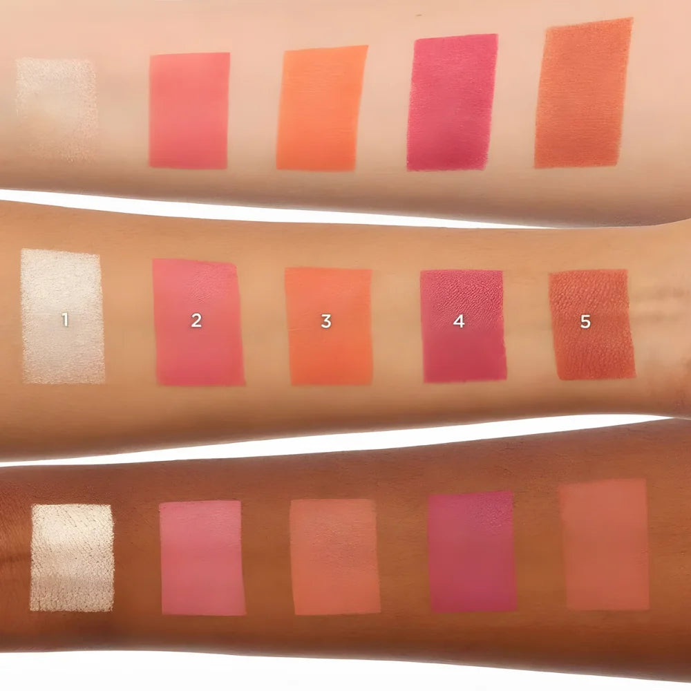 Blush swatch set on skin with five pink, coral, and rose shades