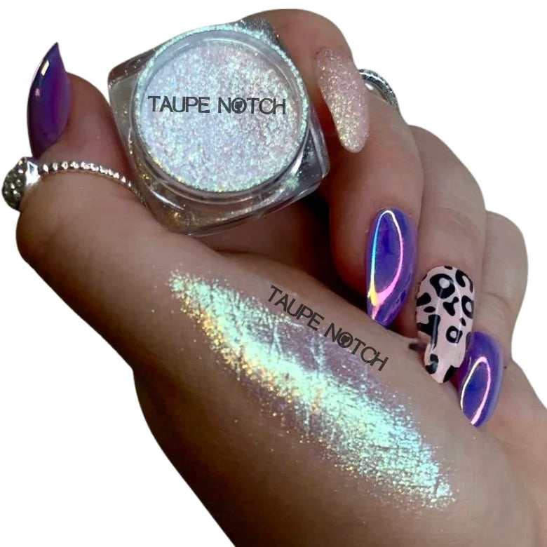 Taupe holographic glitter eyeshadow with holographic pan and swatch on skin