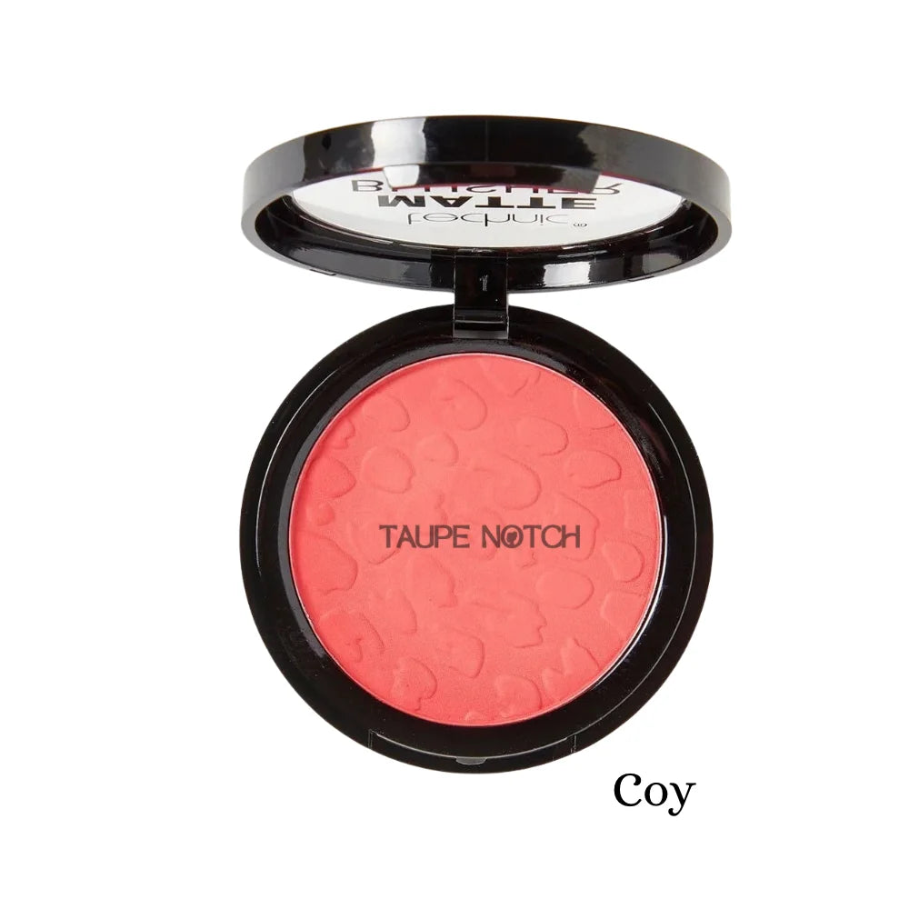 Matte blusher compact with bright pink pan and embossed swirl texture