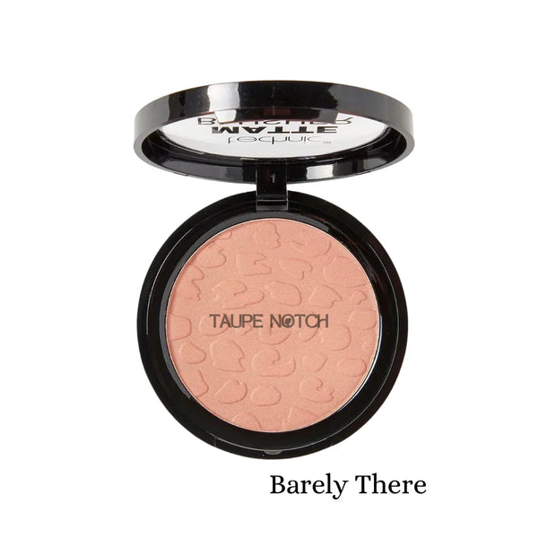 Taupe matte bronzer compact pan with embossed pattern, open with mirror lid.