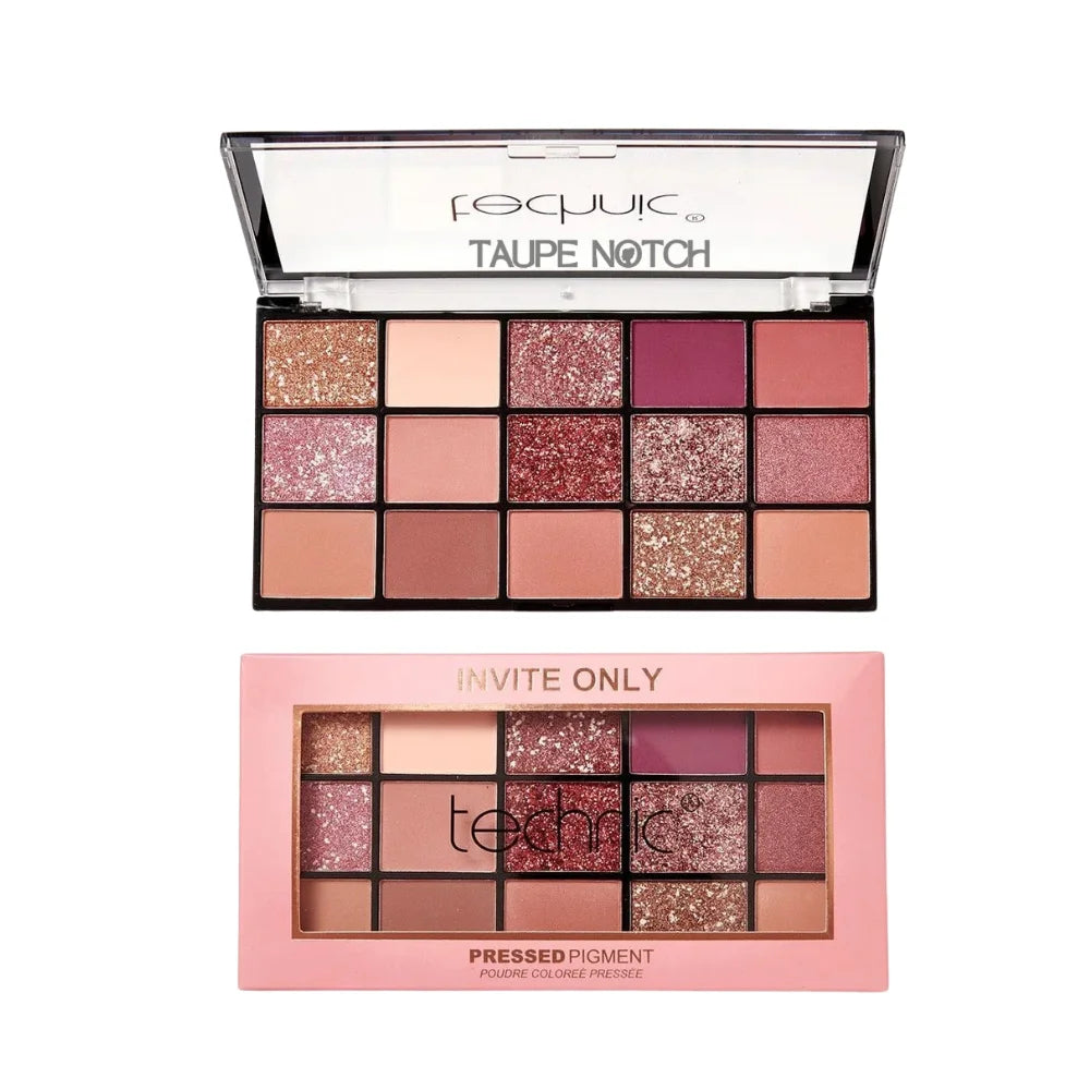 Pressed pigment eyeshadow palette with taupe, rose, plum, and bronze shades