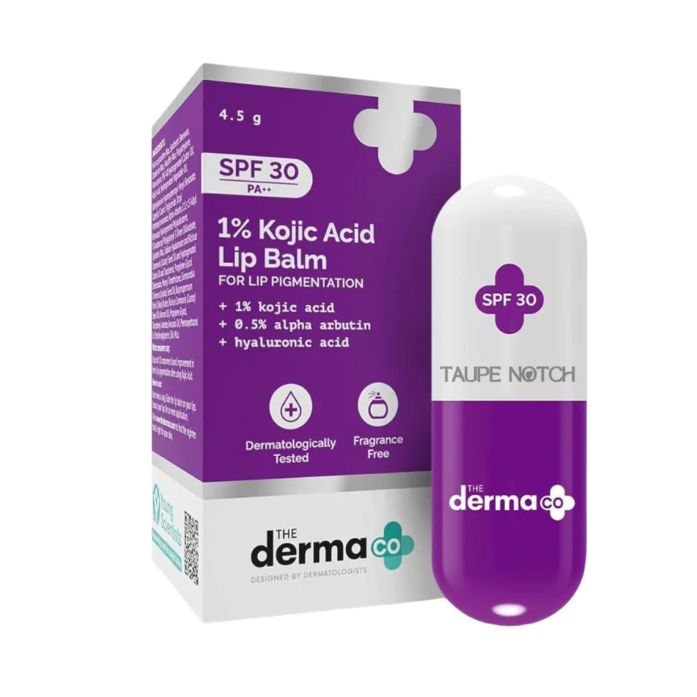 Kojic acid lip balm with SPF 30, purple balm tube and matching box, 1% strength