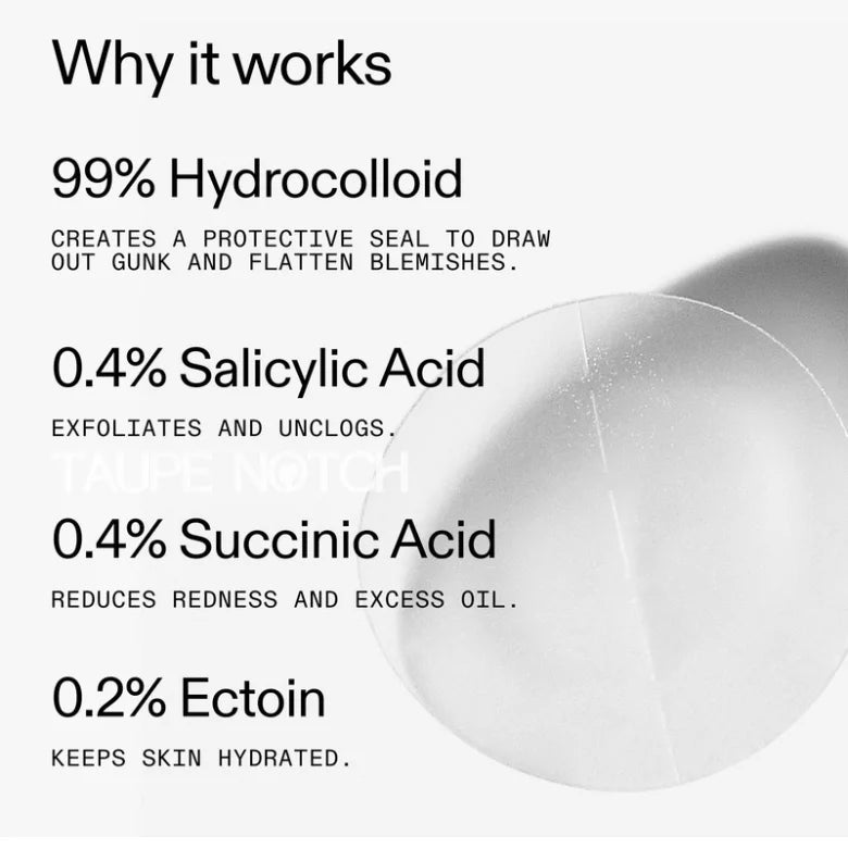 Transparent round hydrocolloid pimple patch partially covering text
