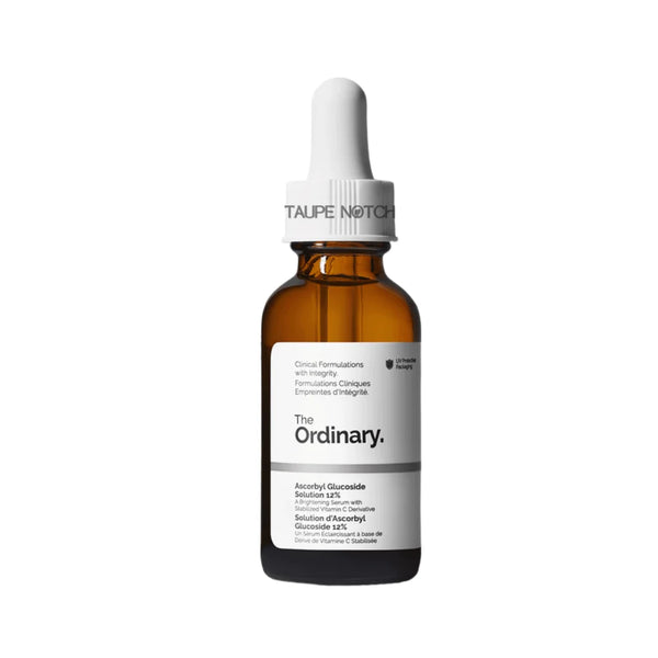 Ascorbyl glucoside vitamin C serum bottle with dropper, amber glass