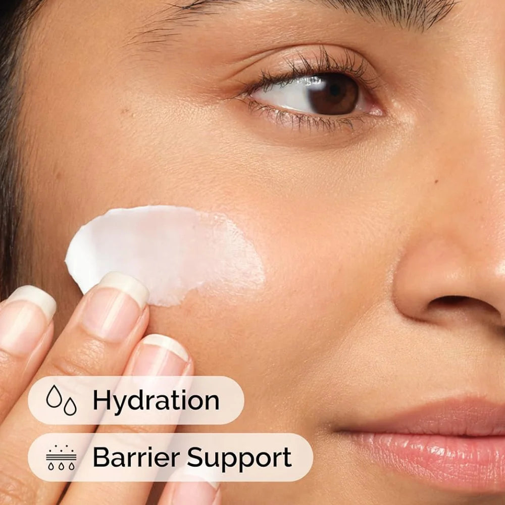 Moisturizing cream applied to face under hydration and barrier-support icons