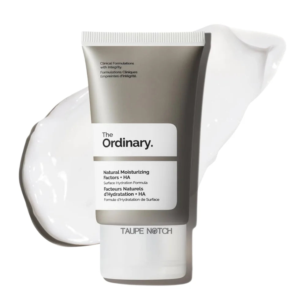 Hyaluronic acid moisturizing cream tube in taupe-gray and white, with ridged cap