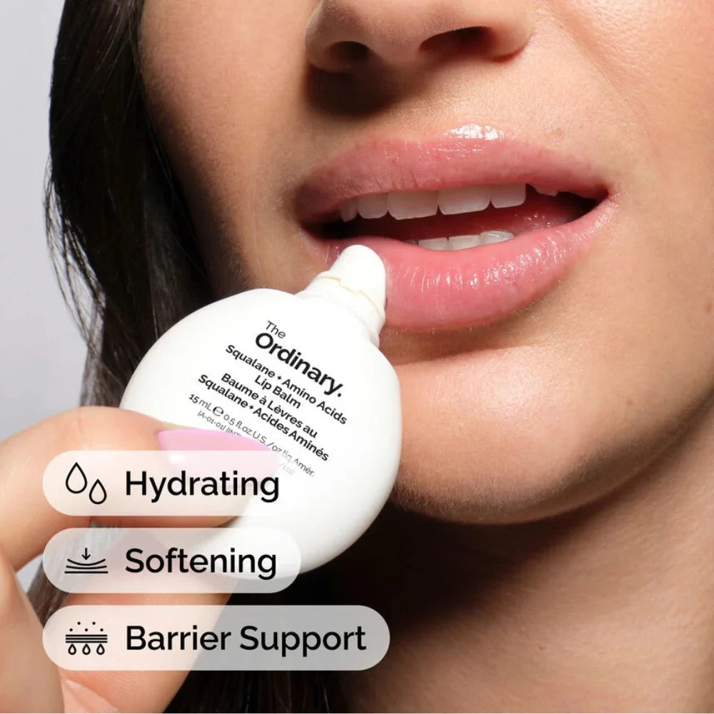 Lip balm near lips with application tip, white squeeze cap container