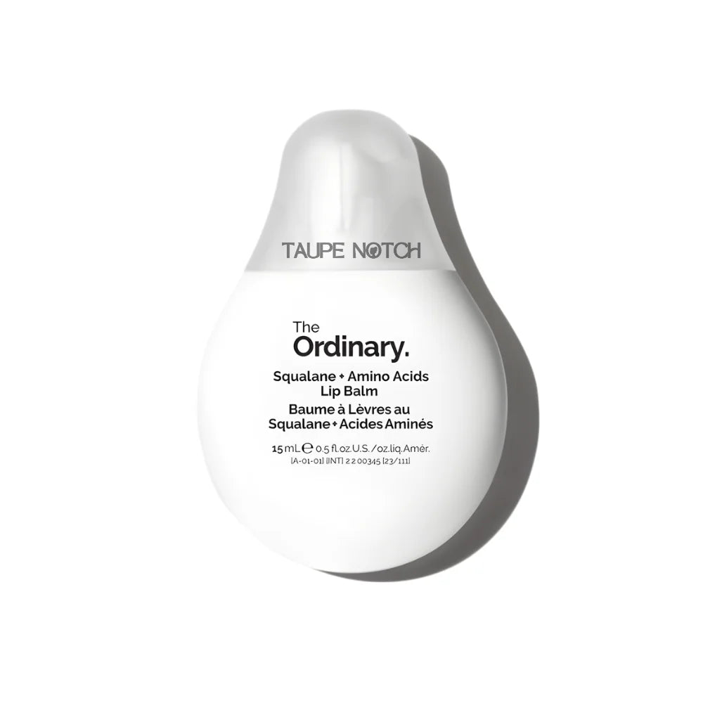 The Ordinary squalane lip balm bottle, matte white with label facing forward
