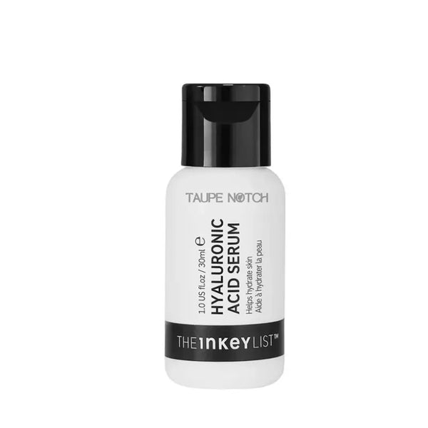 The INKEY LIST hyaluronic acid serum bottle, clear white with black cap, 30ml.