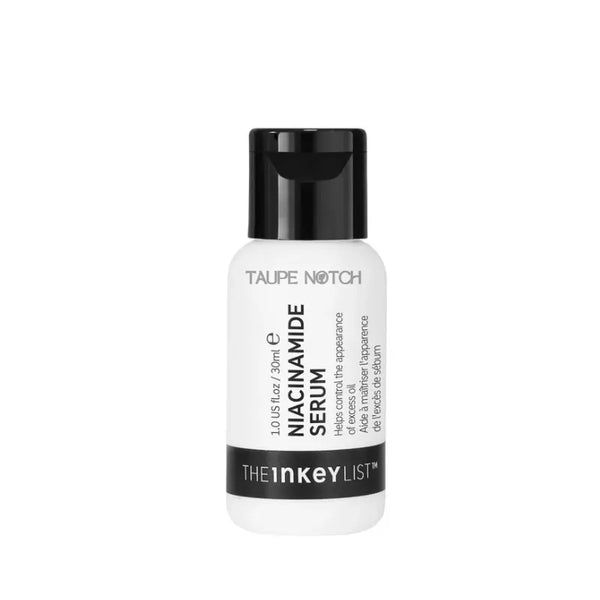 Niacinamide serum bottle with black cap, white label