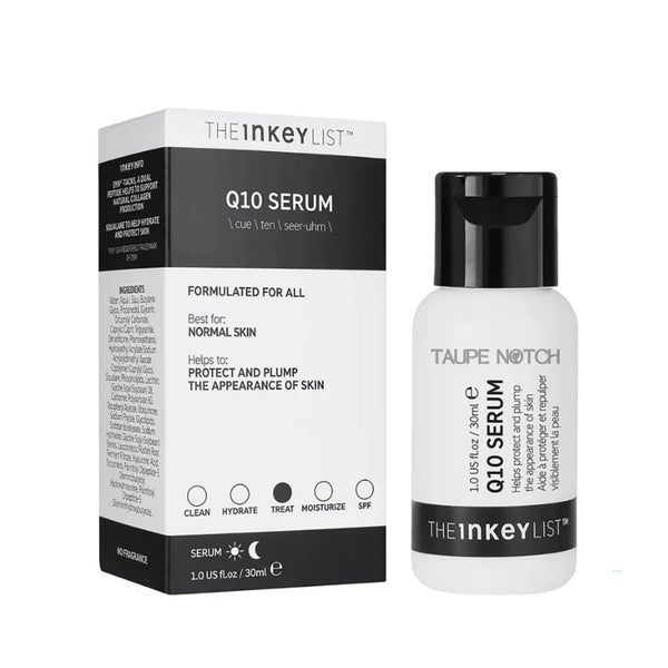 Q10 serum bottle and box, clear bottle with black pump cap
