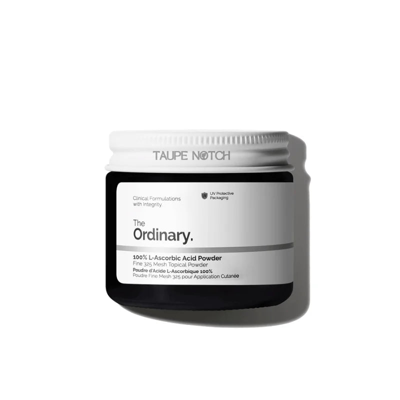 The Ordinary 100% L-Ascorbic Acid powder jar, white and gray label