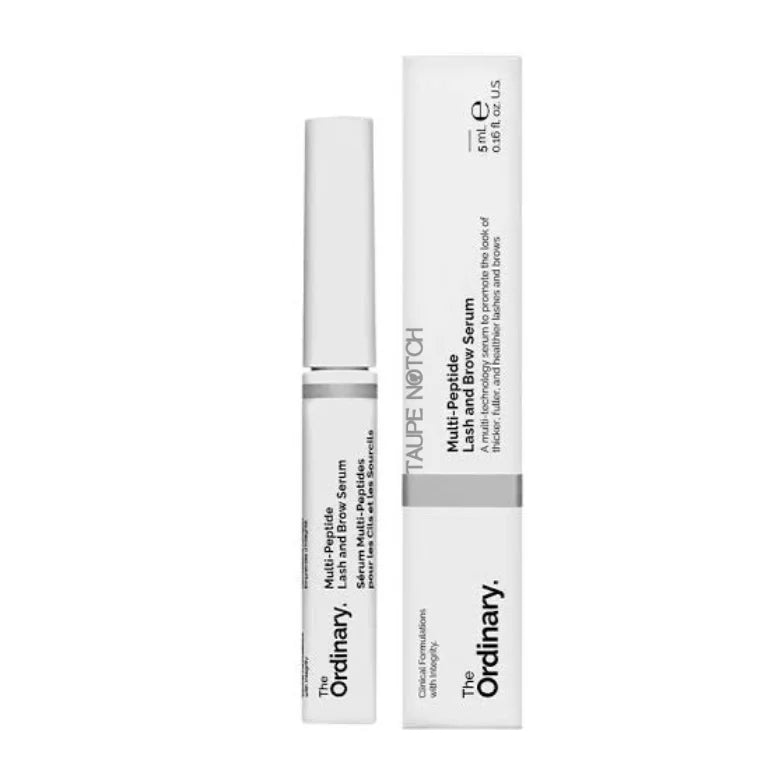 The Ordinary lash and brow multi-peptide serum, white and gray tube with cap