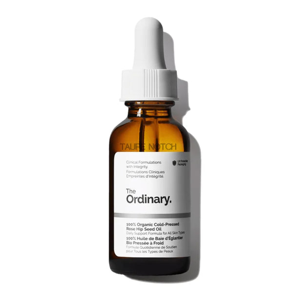 The Ordinary rose hip seed oil amber glass dropper bottle, white label