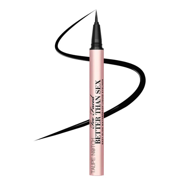 Waterproof liquid eyeliner pen with black tip and deep black swatch line.