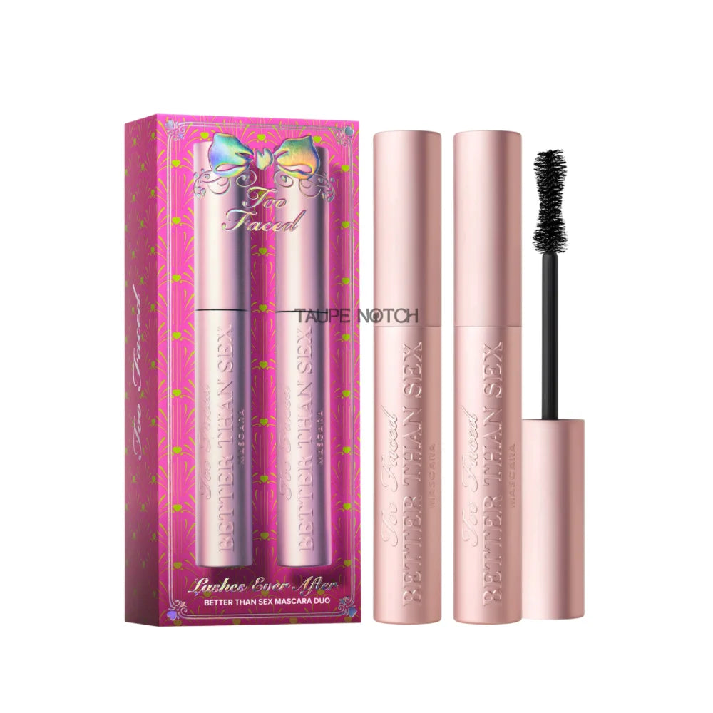 Mascara duo set with two pink tubes and black wand applicators, shown with gift box