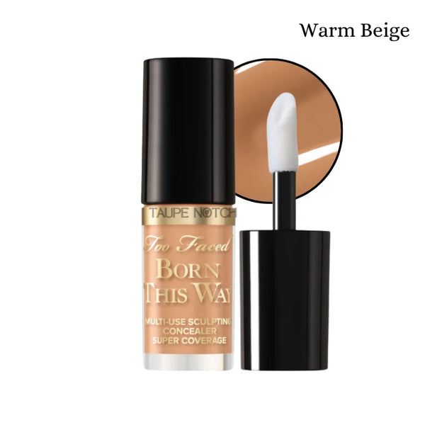 Too Faced Born This Way concealer, open wand applicator, Warm Beige shade.