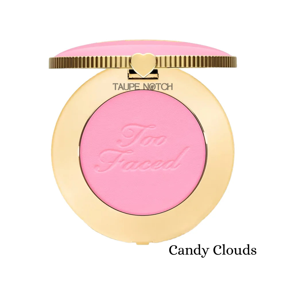 Blush compact with light pink powder, heart clasp, embossed logo—Candy Clouds