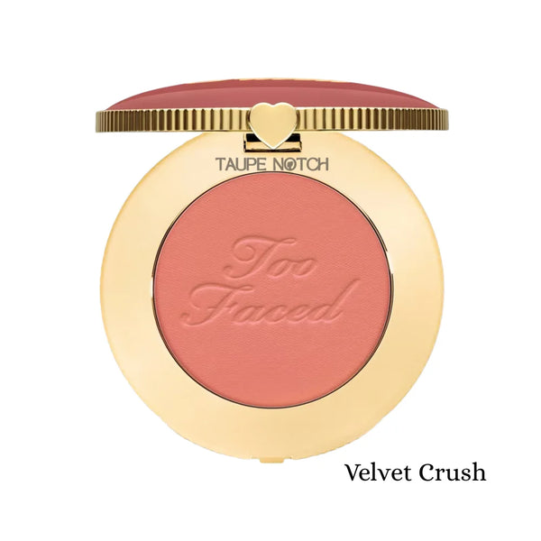 Blush compact with rose pink powder, heart clasp, embossed logo—Velvet Crush