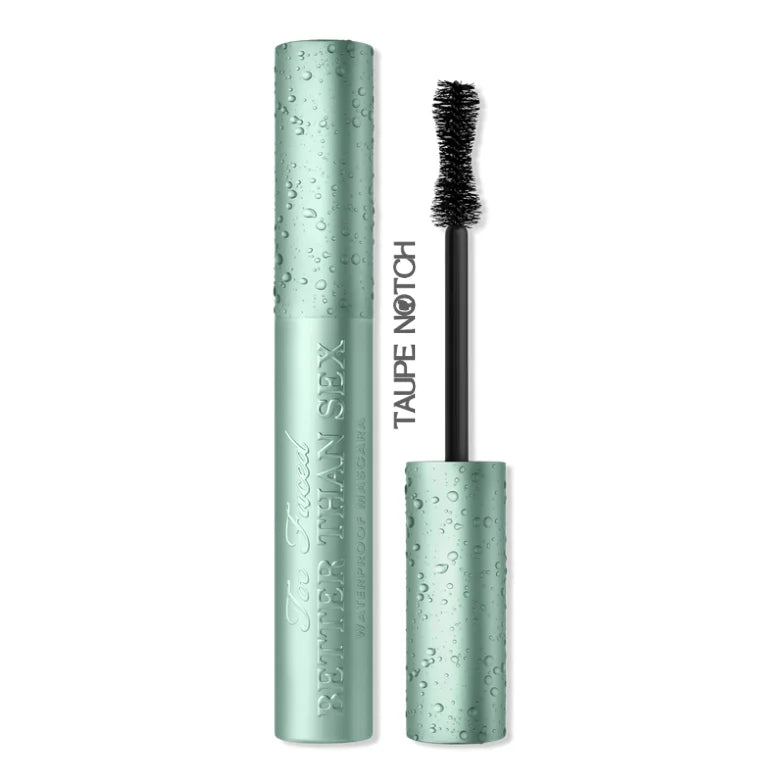 Too Faced waterproof mascara tube with black wand, teal metallic finish